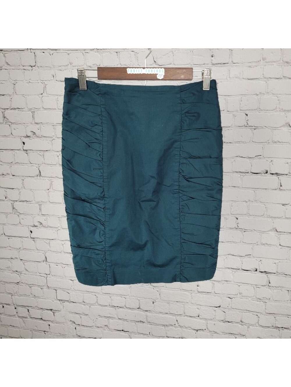 Cartonnier Anthropologie Green Stretch Ruched Lined Pencil Skirt Size 2 (27x20)